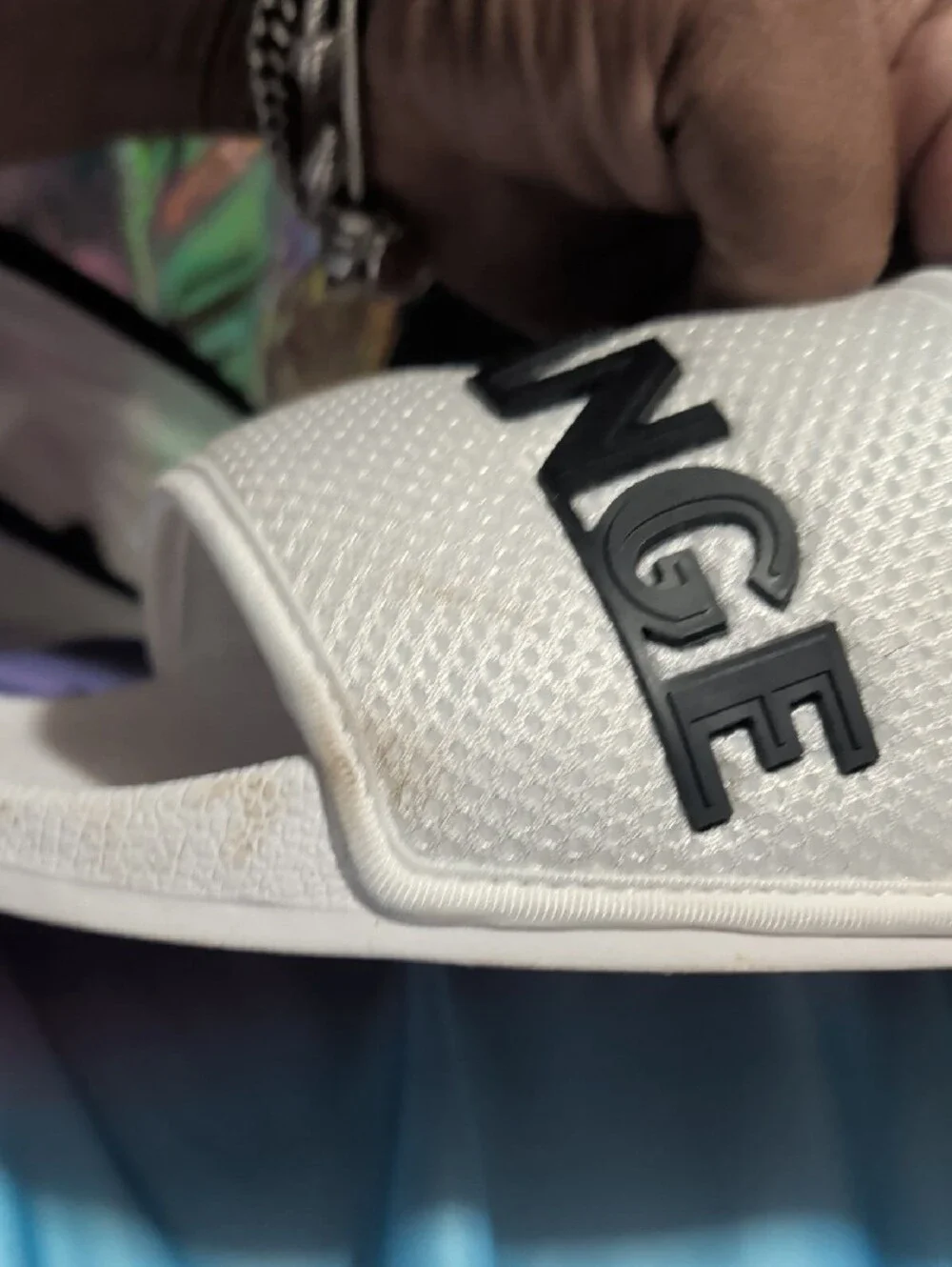 Men's Size 9.5 Armani Exchange White Slides with Bold Black Logo Strap